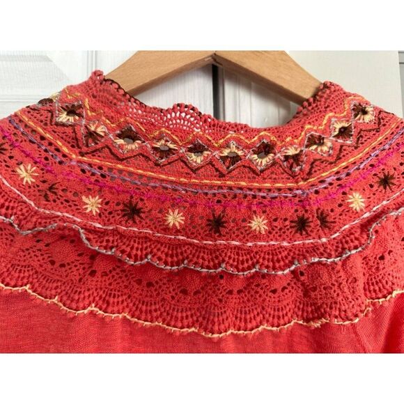 FREE PEOPLE Womens Top Size XS Siesta Fiesta Coral Orange Crocheted Embroidered - Picture 5 of 7